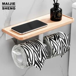 White Double Wooden Paper Holder with Phone Shelf WC Paper Towel Storage Tissue Roll Rack for Kitchen Toilet Bathroom 240318