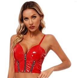 Women's Tanks Womens Sexy Camisole Rave Party Costume Glossy Patent Leather Crop Top Deep V Neck Front Zipper Backless Sling Vest Clubwear