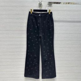 Women's Jeans Fashion Streetwear Wide Leg Women High Waist 3D Flower Pattern Retro Black Loose Denim Pants