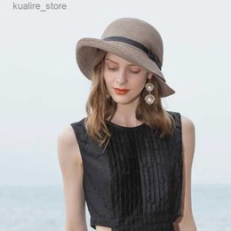 Wide Brim Hats Bucket Hats X6 Adult Straw Hat Foldable Summer New Round Top Wide Brim Bow Sunshine Beach Hat Girl Straw Hat Summer Sun Hat L240322