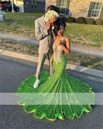 Glitter Green Sequins Long Mermaid Prom Dresses For Black Girls Beaded Crystal Straps Sparkly Birthday Party Gowns Robe De
