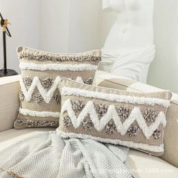 Pillow Tufted Cushion Cover with Tassel, Boho Style, Grey Embroidery, Throw Pillow, Home, BedRoom, Sofa Decor, Office, 45x45cm