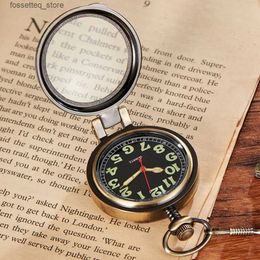 Pocket Watches Retro Pocket Luminous Digital Pointer Magnifier Mens Quartz Pocket Luxury Smooth Bronze Fob Chain Clock Mens L240322