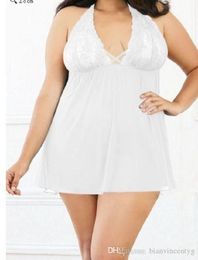 Porno Red Sexy Women's Lingerie Backless Lace Halter Sleepwear Dress V-neck Babydoll Robe Nightdress Plus Size XXL 006