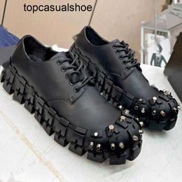 Pradoity Cowhide Pada Prax praddas Beaded Shoes Male Edge Fashion Thick Bottom Genuine Leather Dark Metalsneakers Black Mens Trainers