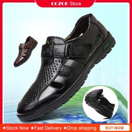 Sandals Men's Leather Shoes Sandals Breathable Hollow Mens Soft Sole Toe Cap Hole Leather Sandals Men Shoes