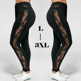 L3XL Plus Size Trousers For Women Fashion Casual Black Slimming High Waist Lace Patchwork See Through Leggings Pants 2023 240309