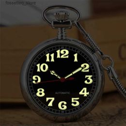 Pocket Watches Luminous Arabic Numerals Display Mechanical Self Winding Pocket Exquisite Silver Retro Pendant Clock with 30 cm Fob Pocket L240322