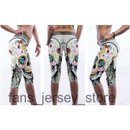 Ladies Yoga Compression Leggings Funny Floral Skull Fitness Capri Pants White High Waist Dancing Tights Slim Running 3/4 Trouser