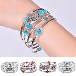 Bangle Fashion Women Natural Stones Ethnic Multi Layered Retro Blue Turquoise Beads Wrap Bracelet Jewellery Accessories Lady Gifts