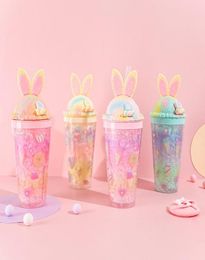 480ML Kawaii Bunny Ear Drinking Straw Bottle Creative Cute Rabbit Ice Cup Fashion Double Straw Plastic Cartoon Mug for Girl3151076