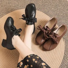 Pumps Spring Oxford Low Heels Shoes For Women Lace Up Pumps Woman Handmade Genuine Leather Shoes Ladies Round Med Heels Dressy Shoes