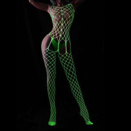 Fun Lingerie, Glow at Night, Passion for Mesh Clothing, Sexy Hollowed Out Luminous Jumpsuit, Open Crotch, No Need to Take Off Fishing Net