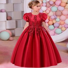 310T Girls Wedding Beaded Bubble Sleeve Spinning Satin Solid Long Dress Princess Formal Eucharist Prom Party Evening 240313