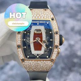 Hot RM Movement Wrist Watch Rm037 Snowflake Diamond Red Lip 18k Rose Gold Material Date Display Women's