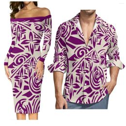 Party Dresses Women'S One-Line Shoulder Long Sleeve Dress Polynesian Design With Men'S Ah Roja Shirt Couple Set