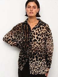 Women's Blouses Leopard Print Women Shirts 2024 Loose Long Sleeve Single Breasted Lapel Female Top Fashion Patchwork Lady Streetwear