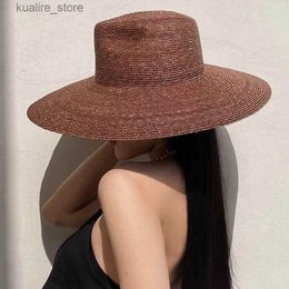 Wide Brim Hats Bucket Hats Large Brim Panama Straw Hat For Women High-end Straw Beach Hats Ladies Black Summer UV Hats Travel Sunscreen Outdoor Hat L240322