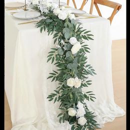 6FT18M Artificial Wedding Eucalyptus Garland Runner Mantle with Rose Flowers Table Centrepiece Boho Wed Bridal Shower Arch Decor 240309