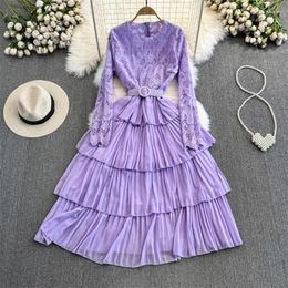 Casual Dresses Spring Autumn Elegant Dress Gentle Wind Long Sleeve Round Neck Water Soluble Lace Spliced Slim A-Line Cake For Women Z4262