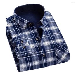 Men's Casual Shirts Lapel Design Men Fleece Shirt Plaid Print Thick Plush Long Sleeve Cardigan Top Formal Business Style Mid-aged Father