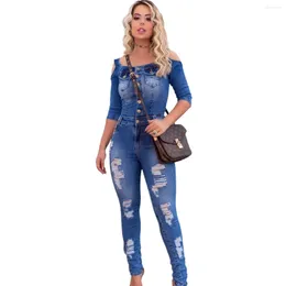 Women's Jeans Denim Slim Fit And Slimming Camisole Jumpsuit For Women With Spray White Holes