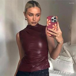 Women's Tanks Y2k Fashion Women PU Leather Bustiers Crop Tops Irregular Pleated Tank Vest Vintage WineRed Slim Waist Corset