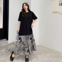 Casual Dresses 2024 Summer Vacation Two Piece Long Skirt T-shirt Patchwork Floral Chiffon Hem Dress