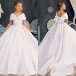 Elegant White Satin Flower Girl Dresses Baby Girls for Wedding Party Gown Off Shoulder Bow Tie Kids Communion Dress