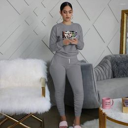 Women's Two Piece Pants RMSFE 2024 Early Autumn Women Long Sleeved Round Neck Banded Hands Feet Wrinkled Printed Sweatpants 2 Set