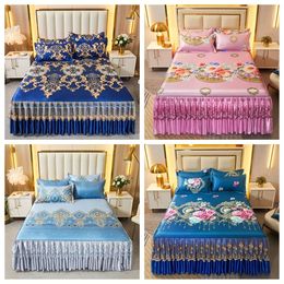2/3pcs Rame Set (bed Skirt *1+ Pillowcase*1/2, Without Core), Retro Flower Printed All Seasons Universal Non-slip Bedding Set, Soft and Comfortable Foldable