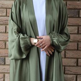 Ethnic Clothing Eid Open Abaya Dubai Puff Sleeves Muslim Dress Plain Satin Abayas For Women With Belt Turkey Hijab Robe Islamic Kaftan