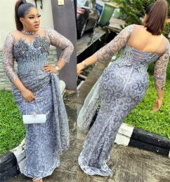 2024 Plus Size Arabic Aso Ebi Silver Mermaid Sparkly Prom Dresses Sheer Neck Crystals Evening Formal Party Second Reception Gowns Dress