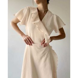 100%cotton Muslin Dress Ruffle Short Sleeve Loose Belt Waist Maxi Cotton Pyjama Summer Beach Wear Womens