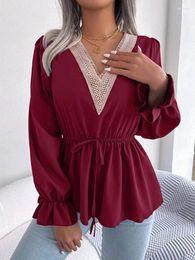 Women's Blouses Elegant Lace Patchwork Women Shirts Spring Autumn V Neck Elastic Waist Casual Streetwear Blouse Tops Female