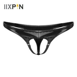 Mens Lingerie Hollow Out Front Thong Wet Look Patent Leather G-String Underwear Low Rise Elastic Waistband T-back Underpants 240320