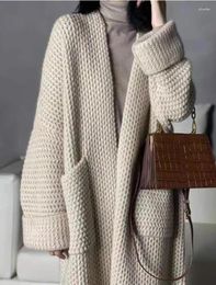 Women's Knits Heavy Thick Cashmere Cardigan Women Pure V-neck Long Twisted Loose Knit Sweater Knitting Plus Size