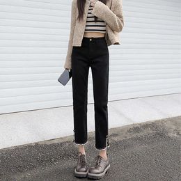 Split High Waisted Straight Leg Jeans for Women in Spring and Autumn 2024 New 9-point Slim French Stick Smoke Pipe Pants