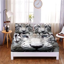 Set White Tiger 3pc Polyester Solid Fitted Sheet Mattress Cover Four Corners With Elastic Band Bed Sheet(2 pillowcases)