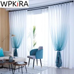 Curtains Blue Forest Gradient Sheer Curtain for Living Room Bedroom Nordic Modern Grey Embroidered Tulle Window Drapes Custom AD713E