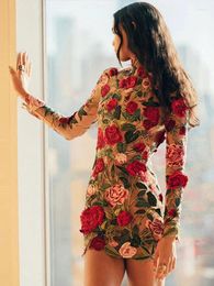 Casual Dresses Elegant Embroidered Floral Dress For Women Lace Mini Bodycon Long Sleeve Party Ladies