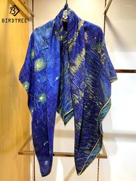 Scarves Birdtree 70%Wool 30%Real Silk Scarve Double-sided Oil Painting Starry Sky Comfortable Mom's Gift Shawl 2024 Spring A41405QD