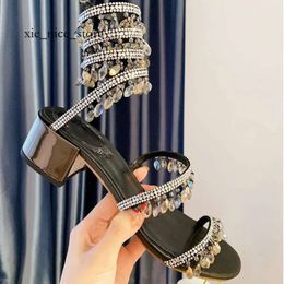 Sandals Turquoise Sandals Rene Caovilla Luxury Crystal Lamp Pendant Rhinestone Twining Foot Ring High Heeled Designer Shoes Top Quality Flash Silver 5670