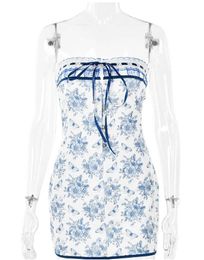 Casual Dresses Floral Printed Vacation Women Dress Off-shoulder Blue Metal Button Spring Skinny Elegant Outside Female Mini