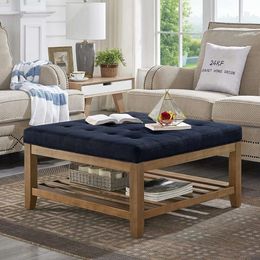F Large Square Soft Cushion Tufted Linen Footstool, Footstool with Solid Wood Frame - Navy Blue