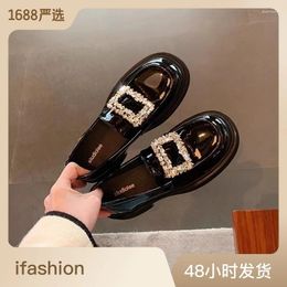 Casual Shoes Spring And Autumn British Small Leather Round Head Water Diamond Square Buckle Thick Heel Lefu Single For Women