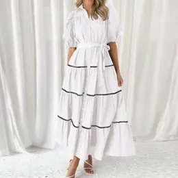 Casual Dresses Maxi Dress With Tie Waist Elegant Women's Summer Puffy Sleeves Tiered Ruffles Flowy Silhouette For Any Occasion