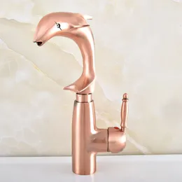 Bathroom Sink Faucets Antique Red Copper Brass Swivel Spout Single Handle Cute Animal Dolphin Style Kitchen Faucet Mixer Tap Asf850