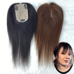 Toppers 9X14cm Remy Human Hair Toppers For Women 3 Clips In Hairpieces 4D Fringe Bangs Topper Natural Scalp Top to Hide Bald White Hair