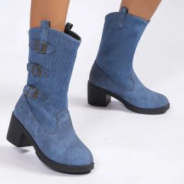 Boots Winter 2023 New Fashion Denim Boots Women's Mid Barrel Roman Solid Anti Slip Thick Heel Boots Wild Retro Large Women's Shoes